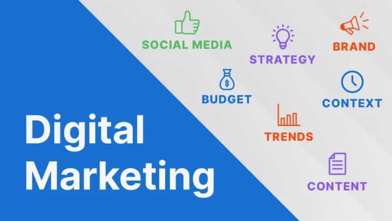 Digital marketing graphic with social media, strategy, budget, and trend labels