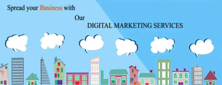 Blue digital marketing services banner with illustrated clouds and marketing graphics