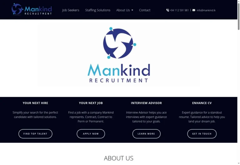 Mankind Recruitment website homepage screenshot