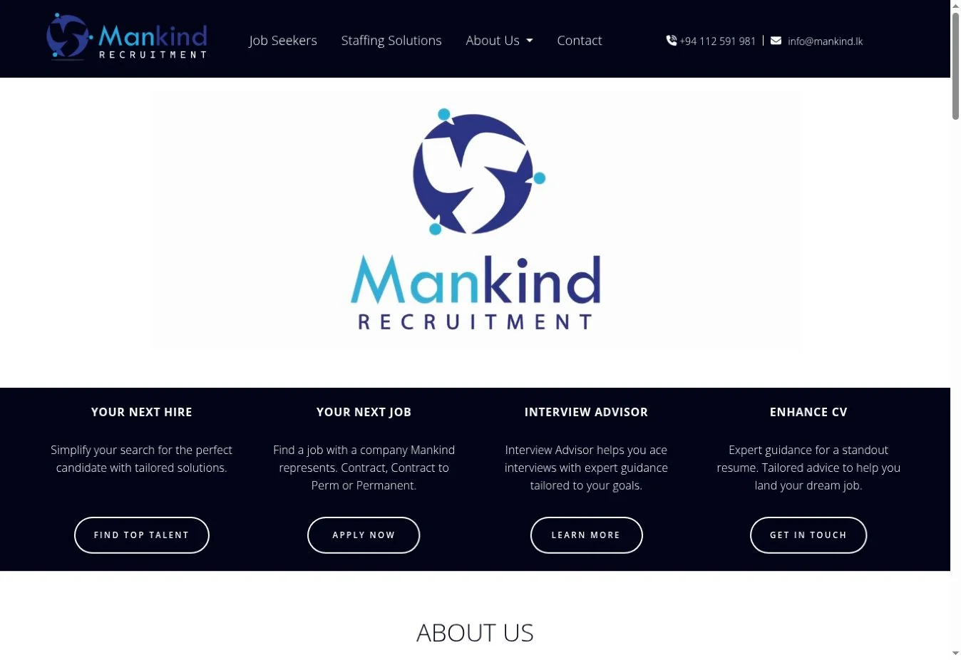 Mankind Recruitment website homepage screenshot