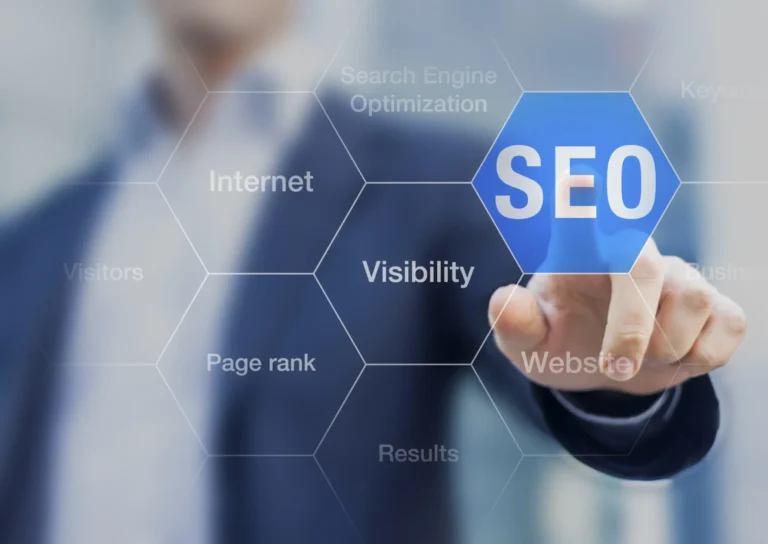 Businessperson interacting with an SEO and online visibility graphic