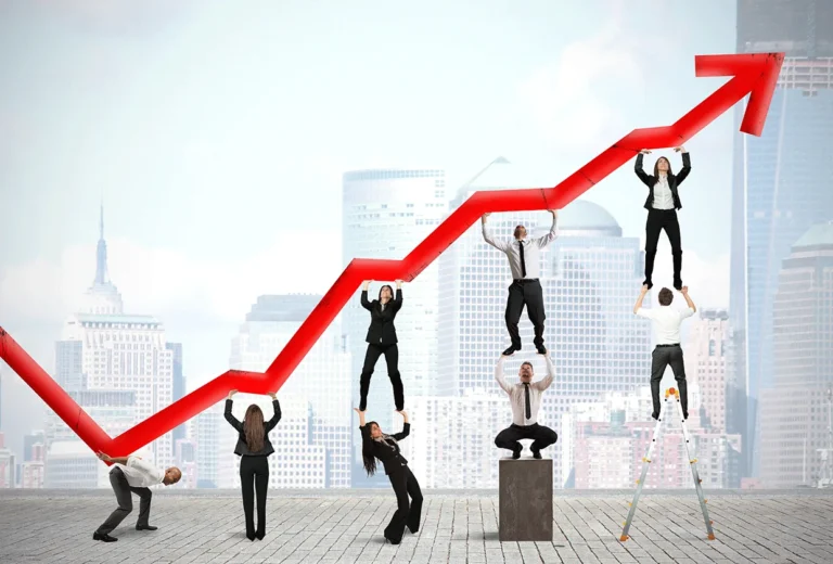 People climbing a rising red line on a business growth chart