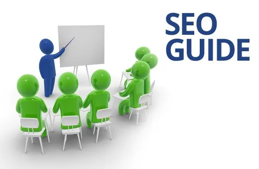 SEO guide illustration with a presenter, screen, and green audience figures