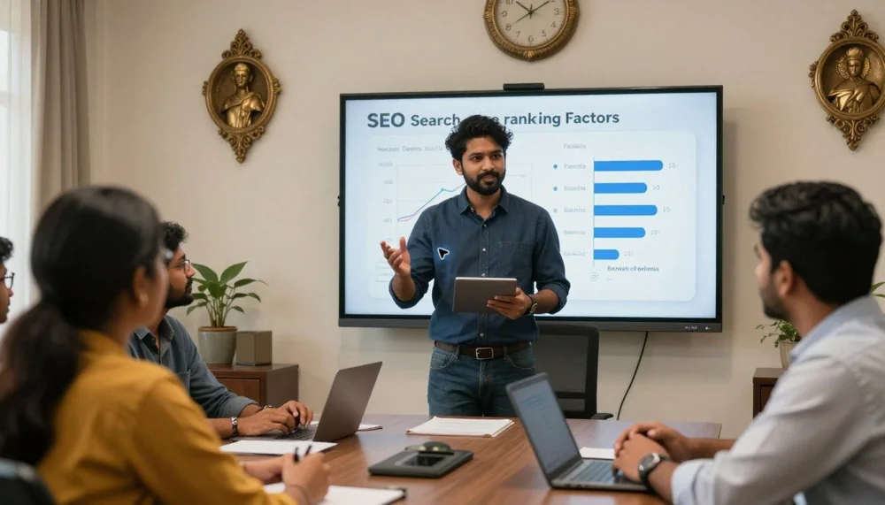 SEO specialist explaining search engine rankings to a Sri Lankan client