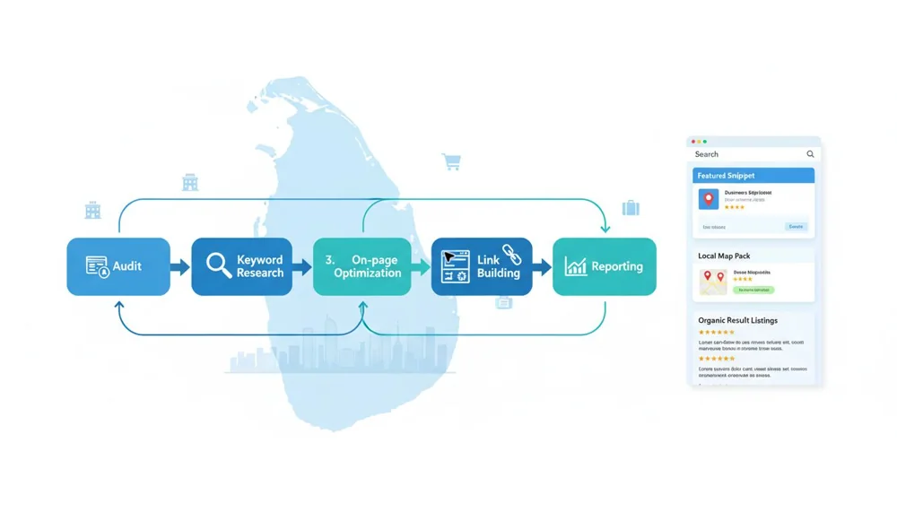 SEO process covering audit, keyword research, on-page optimization, link building and reporting