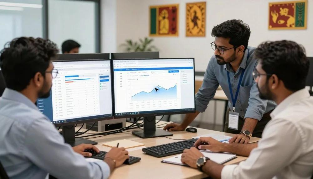 SEO specialist team in Sri Lanka analyzing search engine rankings data