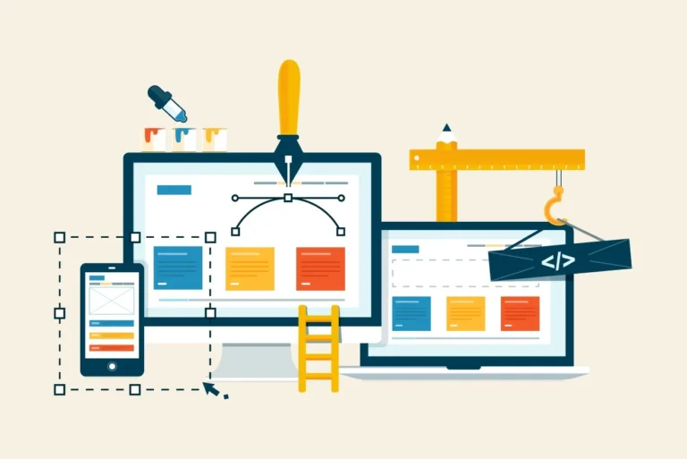 Website design illustration with a desktop screen, layout elements, and design tools
