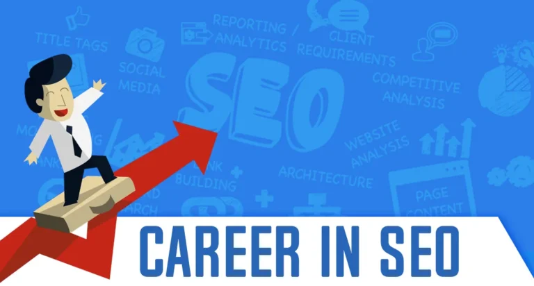 SEO lettering with a red upward arrow on a blue background