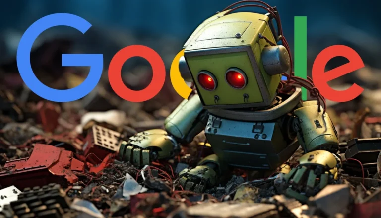 Robot beside Google lettering in an illustration about search technology
