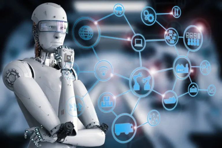 Robot illustration with connected digital icons representing AI and search technology