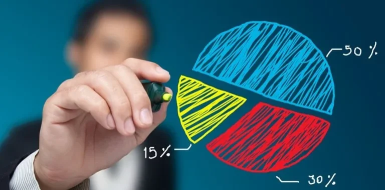 Hand pointing at a colourful pie chart in a search marketing illustration
