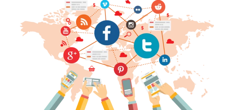 Social media illustration with Facebook, Twitter, and other platform icons
