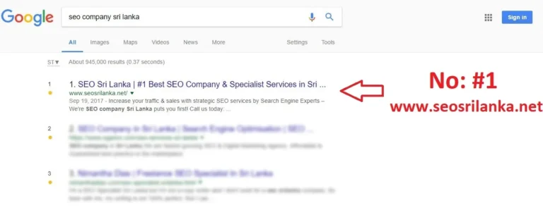Google search results screenshot with an arrow highlighting an SEO Sri Lanka listing
