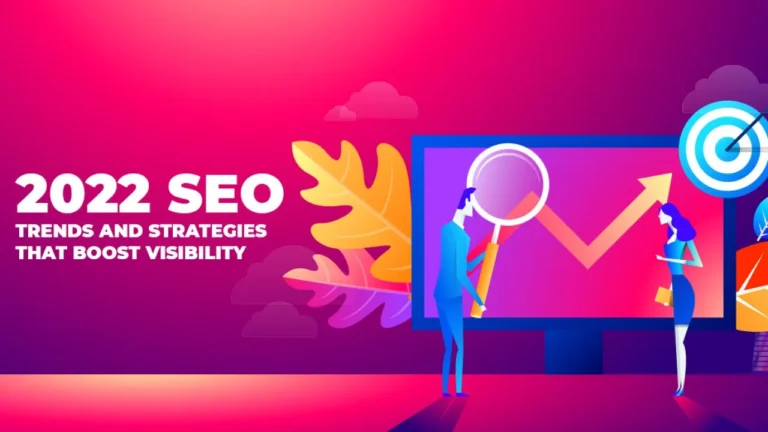 Bright SEO illustration with a magnifying glass and search-related graphics