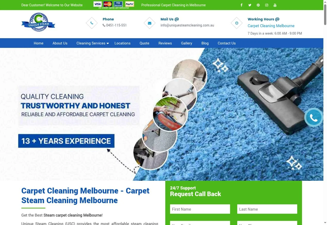 Unique Steam Cleaning website homepage screenshot